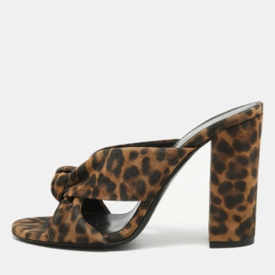 Pre-owned Saint Laurent Brown Leopard Print Suede Loulou Slide Sandals Size 36