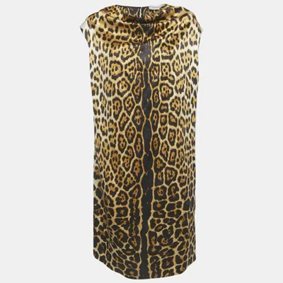 Pre-owned Saint Laurent Brown Leopard Printed Silk Satin Cowl Neck Detail Shift Dress L