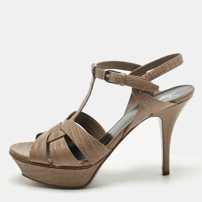 Pre-owned Saint Laurent Brown Lizard Embossed Leather Tribute Platform Sandals Size 39
