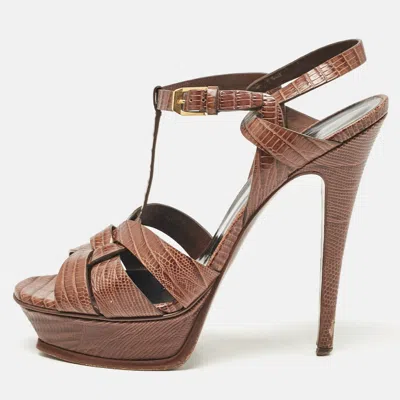 Pre-owned Saint Laurent Brown Lizard Embossed Leather Tribute Platform Sandals Size 39
