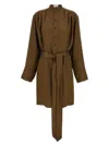 Saint Laurent Belted High-collar Dress In Patterned Fabric In Brown