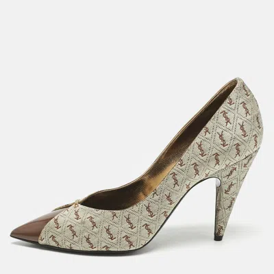 Pre-owned Saint Laurent Brown Monogram Canvas And Leather Lola Cap Toe Pumps Size 39