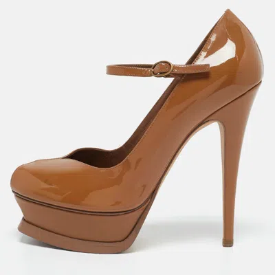 Pre-owned Saint Laurent Brown Patent Leather Mary Jane Pumps Size 37.5