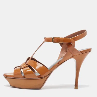 Pre-owned Saint Laurent Brown Patent Leather Tribute Sandals Size 38