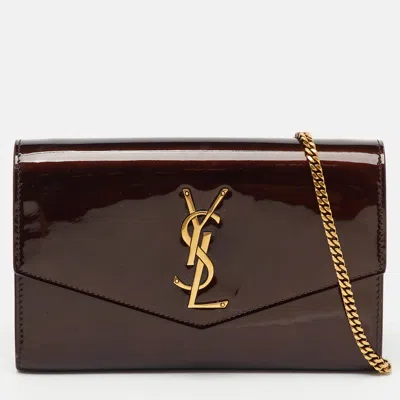 Pre-owned Saint Laurent Brown Patent Leather Uptown Wallet On Chain