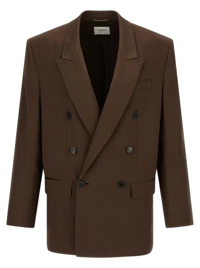 Saint Laurent Double-breasted Peak Lapel Silk Blazer In Brown