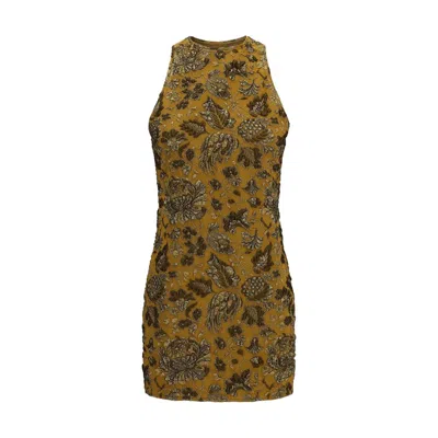 Saint Laurent Mini Dress In Stretch Brocade With Metallic Floral Motif In Brown
