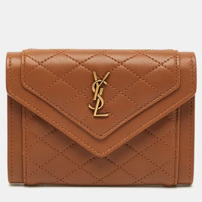 Pre-owned Saint Laurent Brown Quilted Leather Gaby Compact Wallet
