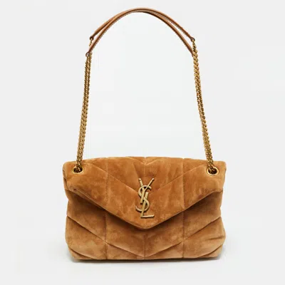 Pre-owned Saint Laurent Brown Quilted Suede Small Loulou Puffer Shoulder Bag
