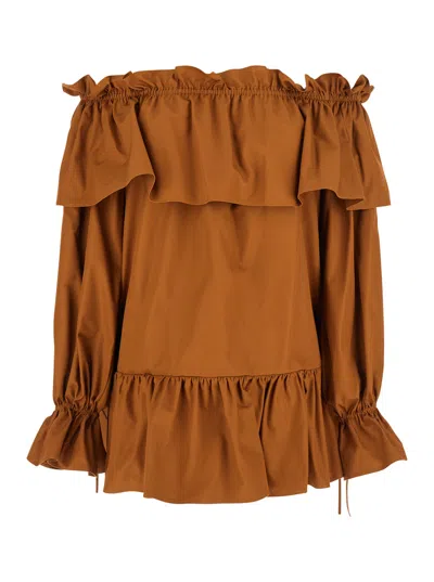 Saint Laurent Brown Ruffle Dress With Bare Shoulders In Cotton Twill Woman