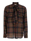 Saint Laurent Brown Shirt With Pussybow Collar And All-over Check Motif In Wool Woman In Brown