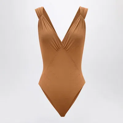 Saint Laurent Brown Silk-blend Crossover Bodysuit