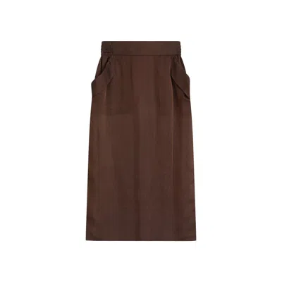 SAINT LAURENT SAINT LAURENT BROWN SILK MIDI SKIRT
