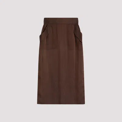 SAINT LAURENT BROWN SILK MIDI SKIRT