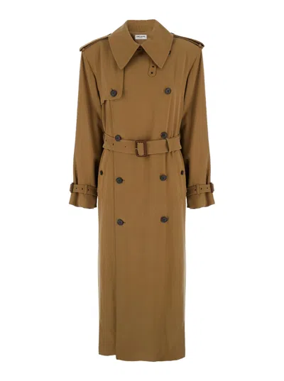 SAINT LAURENT BROWN SINGLE-BREASTED TRENCH COAT IN VISCOSE BLEND WOMAN