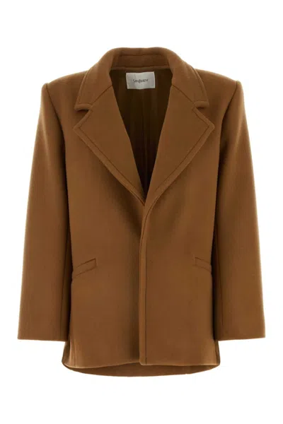 SAINT LAURENT BROWN SINGLE-BREASTED WOOL COAT