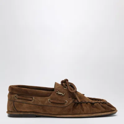 Saint Laurent Brown Suede Lace-up Loafers With Gold-tone Metal Detail