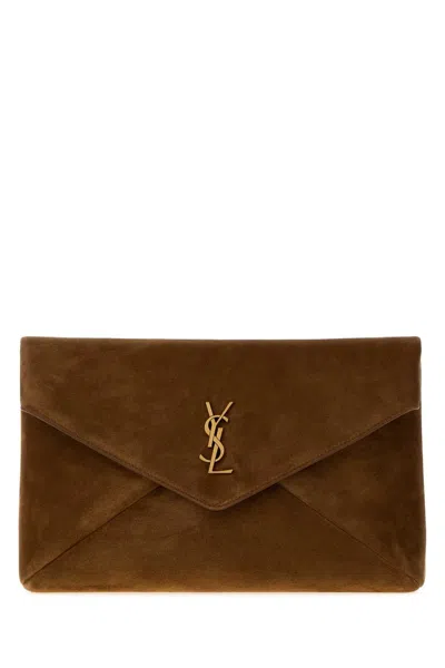 Saint Laurent Brown Suede Large Envelope Clutch In Pattern