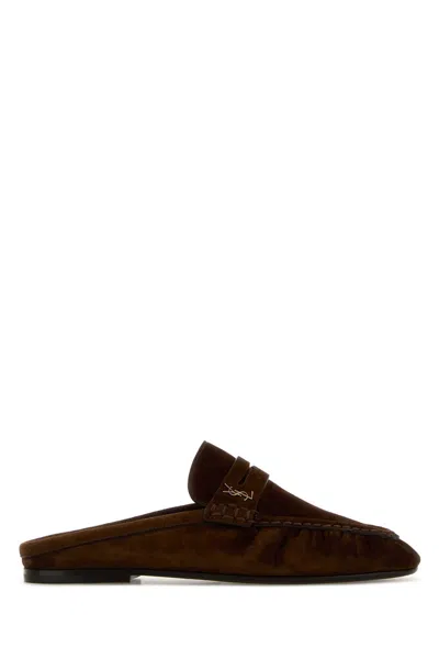 Saint Laurent Le Loafers Suede Flat Sole Slippers In Brown