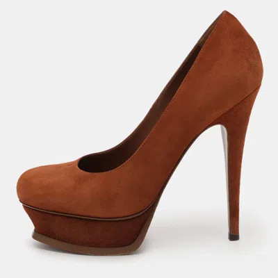 Pre-owned Saint Laurent Brown Suede Tribtoo Platform Pumps Size 37
