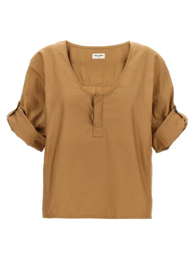 SAINT LAURENT SAINT LAURENT BROWN TWILL BLOUSE WITH WIDE NECK