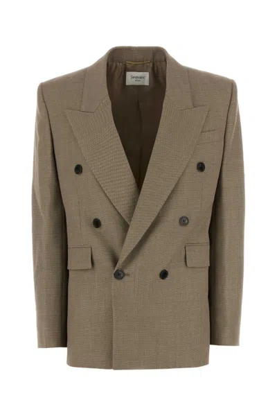 SAINT LAURENT BROWN TWO TONE WOOL BLAZER