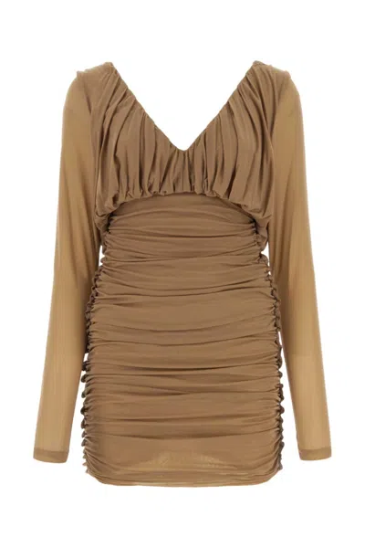 Saint Laurent Jersey V-neck Mini Dress With Ruched Sleeves In Brown