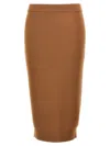 Saint Laurent Ribbed Wool Midi Skirt With Elastic Waistband In Brown