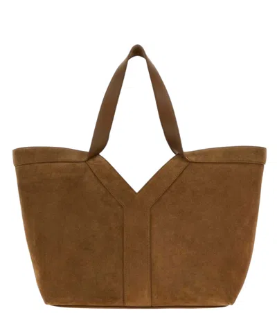 Saint Laurent 30 Cm Suede Shopping Handbag With 21 Cm Handle Height In Brown