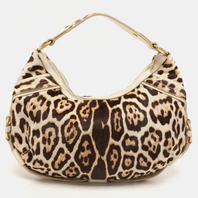 Pre-owned Saint Laurent Brown/beige Leopard Print Calf Hair And Leather Muse Hobo