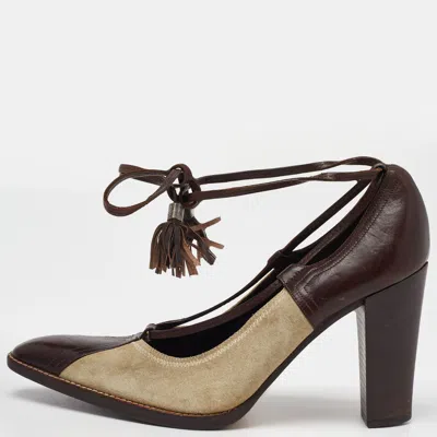 Pre-owned Saint Laurent Brown/beige Suede And Leather Fringe Detail Ankle Wrap Pumps Size 37