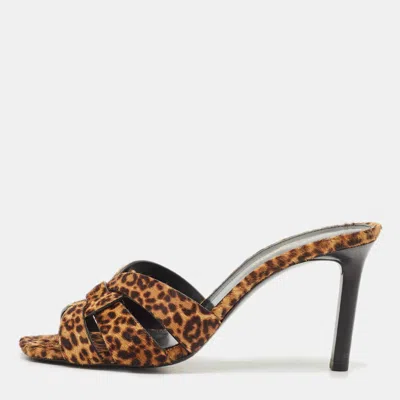 Pre-owned Saint Laurent Brown/black Calfhair Tribute Slide Sandals Size 38