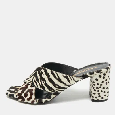 Pre-owned Saint Laurent Brown/white Calfhair Loulou Slide Sandals Size 38