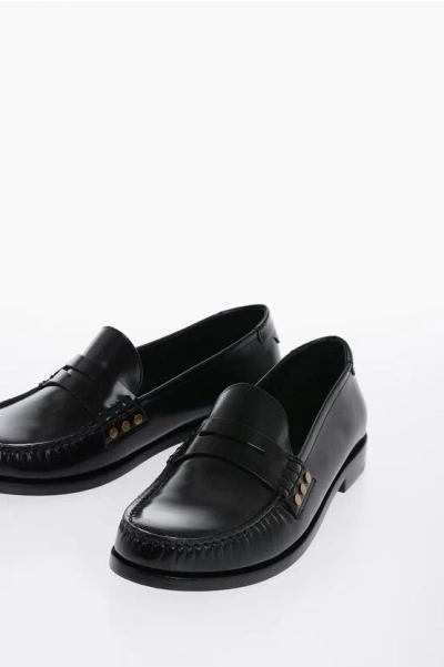 Saint Laurent Leather Fringed Loafers With Metal Studs In Black