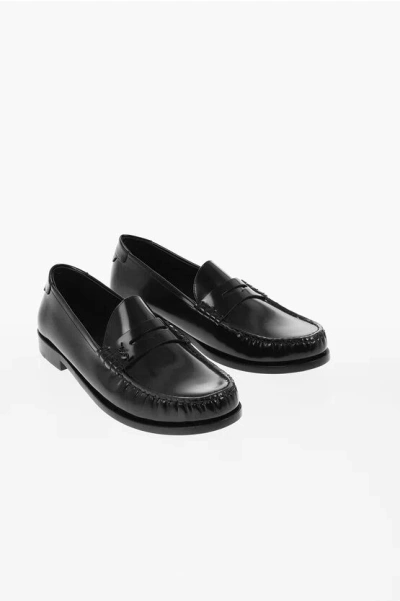 Saint Laurent Brushed Leather Penny Loafers In Black