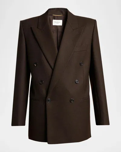 Saint Laurent Brushed Wool-blend Double-breasted Blazer Jacket In Brown