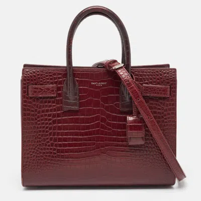 Pre-owned Saint Laurent Burgundy Croc Embossed Leather Baby Classic Sac De Jour Tote