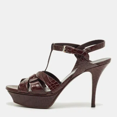 Pre-owned Saint Laurent Burgundy Croc Embossed Leather Tribute Ankle Strap Sandals Size 38
