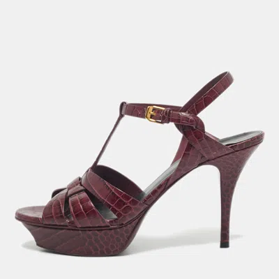 Pre-owned Saint Laurent Burgundy Croc Embossed Leather Tribute Sandals Size 40.5