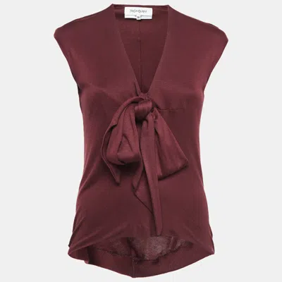Pre-owned Saint Laurent Burgundy Knit Bow Detail Top S