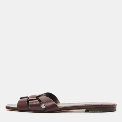 Pre-owned Saint Laurent Burgundy Leather Tribute Flat Slides Size 39.5