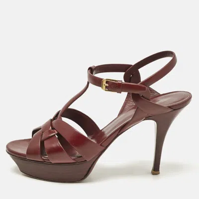 Pre-owned Saint Laurent Burgundy Leather Tribute Platform Sandals Size 40