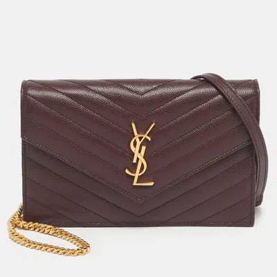 Pre-owned Saint Laurent Burgundy Matelassé Leather Monogram Envelope Wallet On Chain