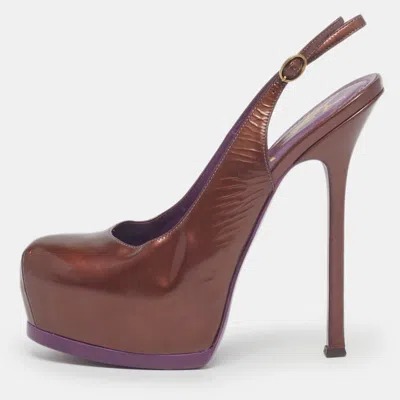 Pre-owned Saint Laurent Burgundy Patent Leather Tribtoo Platform Slingback Pumps Size 37