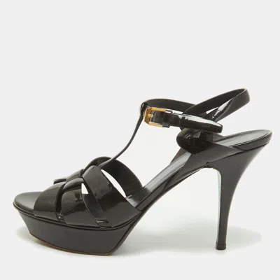 Pre-owned Saint Laurent Burgundy Patent Leather Tribute Ankle Strap Sandals Size 40