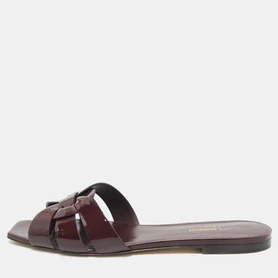 Pre-owned Saint Laurent Burgundy Patent Leather Tribute Flat Sandals Size 41