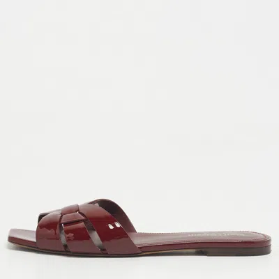 Pre-owned Saint Laurent Burgundy Patent Leather Tribute Flat Slides Size 39