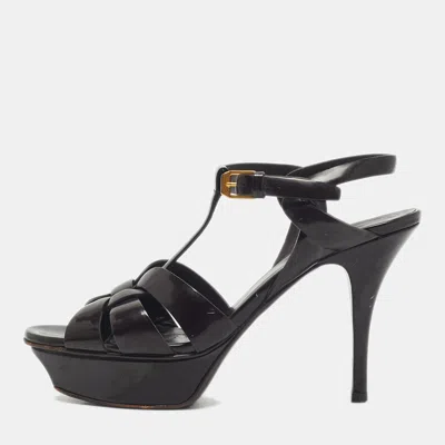 Pre-owned Saint Laurent Burgundy Patent Leather Tribute Platform Sandals Size 37
