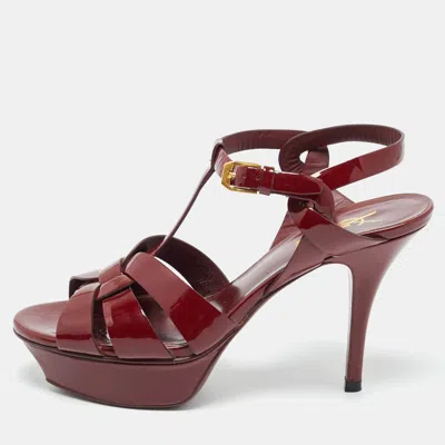 Pre-owned Saint Laurent Burgundy Patent Leather Tribute Platform Sandals Size 37