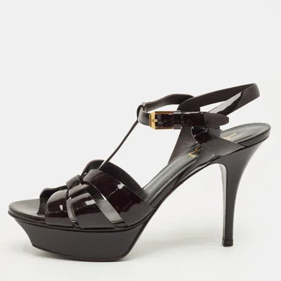 Pre-owned Saint Laurent Burgundy Patent Leather Tribute Platform Sandals Size 37.5